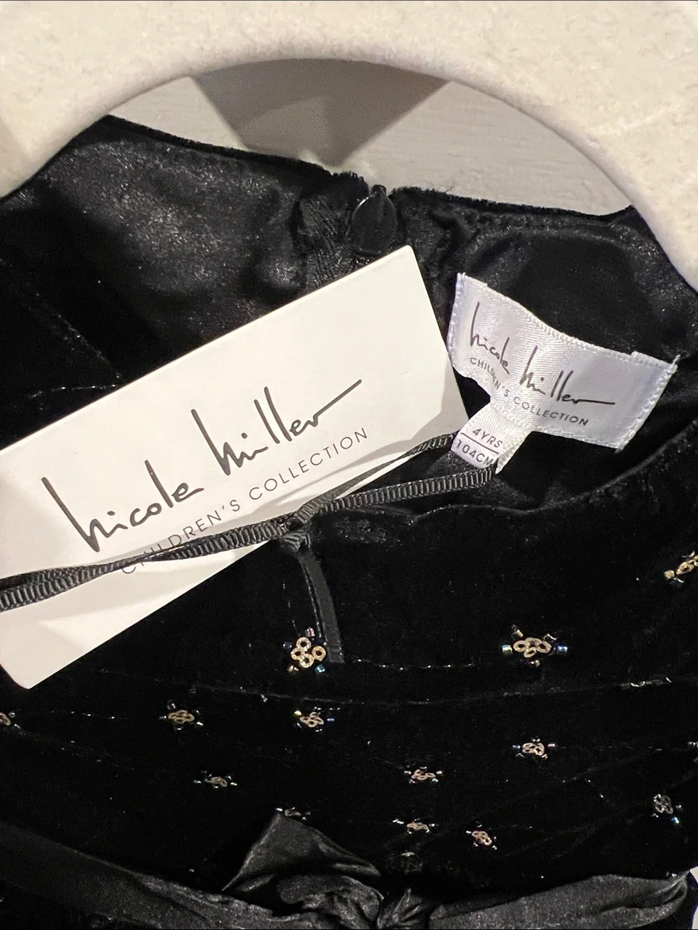 Nicole Miller Black Velvet Dress with Gold Star Accents and Satin Sash